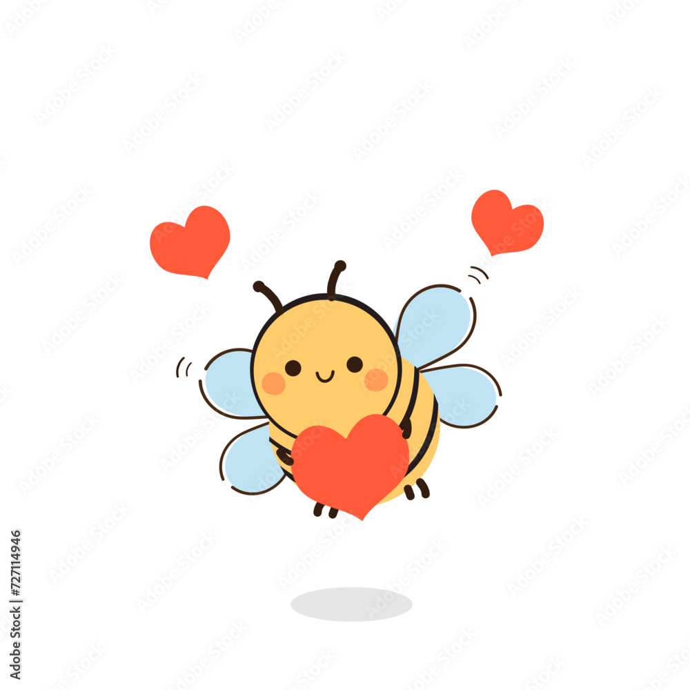 Happy valentine's day with cute bee cartoon and red heart on white background vector illustration.