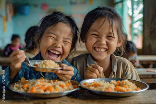Two Asian elementary school students joyfully sharing a meal together