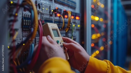 A technician's hands holding a multimeter in a server room, Electronic control panel photo
