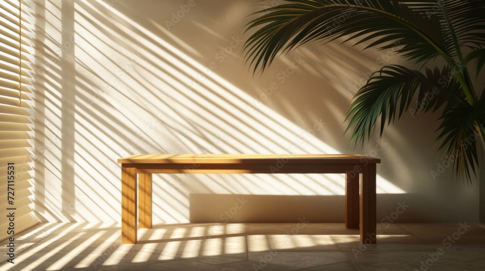 Sunny Indoor Oasis, Wooden Table Bathed in Sunlight with Palm Shadows, Inviting Warmth and Relaxation