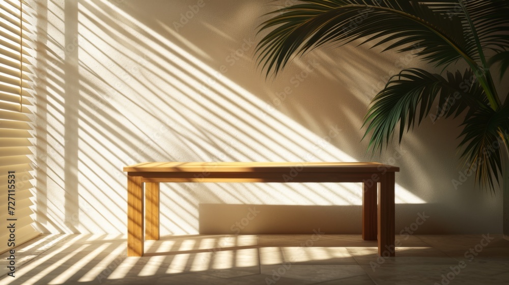 Sunny Indoor Oasis, Wooden Table Bathed in Sunlight with Palm Shadows, Inviting Warmth and Relaxation Sunny Indoor Oasis, Wooden Table Bathed in Sunlight with Palm Shadows, Inviting Warmth and Relaxation