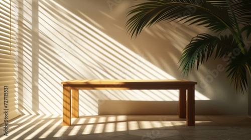 Sunny Indoor Oasis, Wooden Table Bathed in Sunlight with Palm Shadows, Inviting Warmth and Relaxation © R Studio