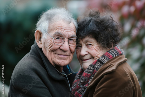 A portrait of an old, senior, elderly, retired Eastern European couple in love, in winter, looking at the camera. 