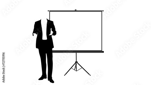 Presentation symbol,Businessman standing in front of a projector,  black isolated silhouette
