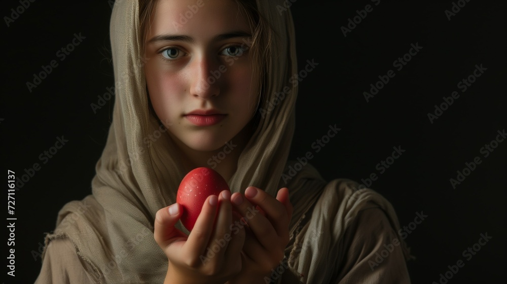 Mary Magdalene Is Holding A Red Egg On A Dark Background The Young