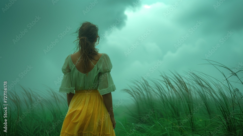 Obraz premium Woman with her back in beautiful tropics in the rainy weather