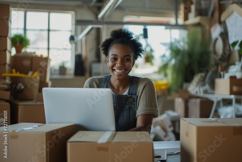 A smiling female entrepreneur is sitting at a table with a laptop and cardboard boxes - the concept of a small business and enterprise, sales via the Internet and an online store