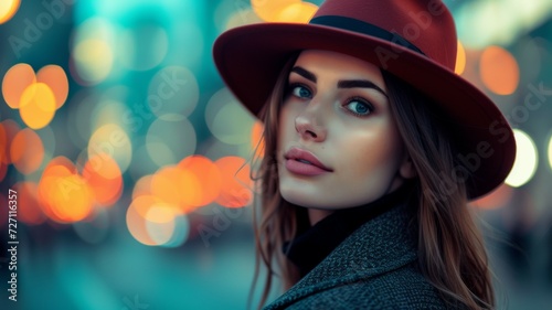 Outdoor close up fashion portrait of young elegant lady wearing beige fedora hat, trendy chain necklace, blue denim shirt, posing in street of European city. © Werckmeister