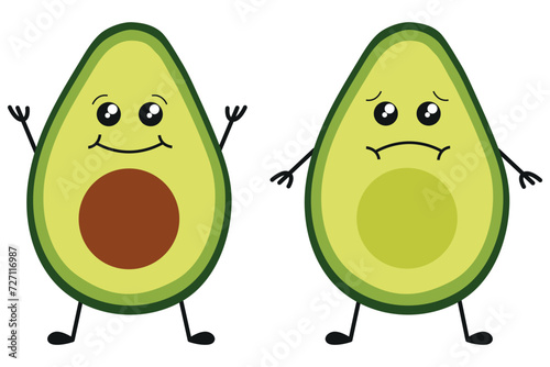 two halves of a happy and sad avocado with arms and legs