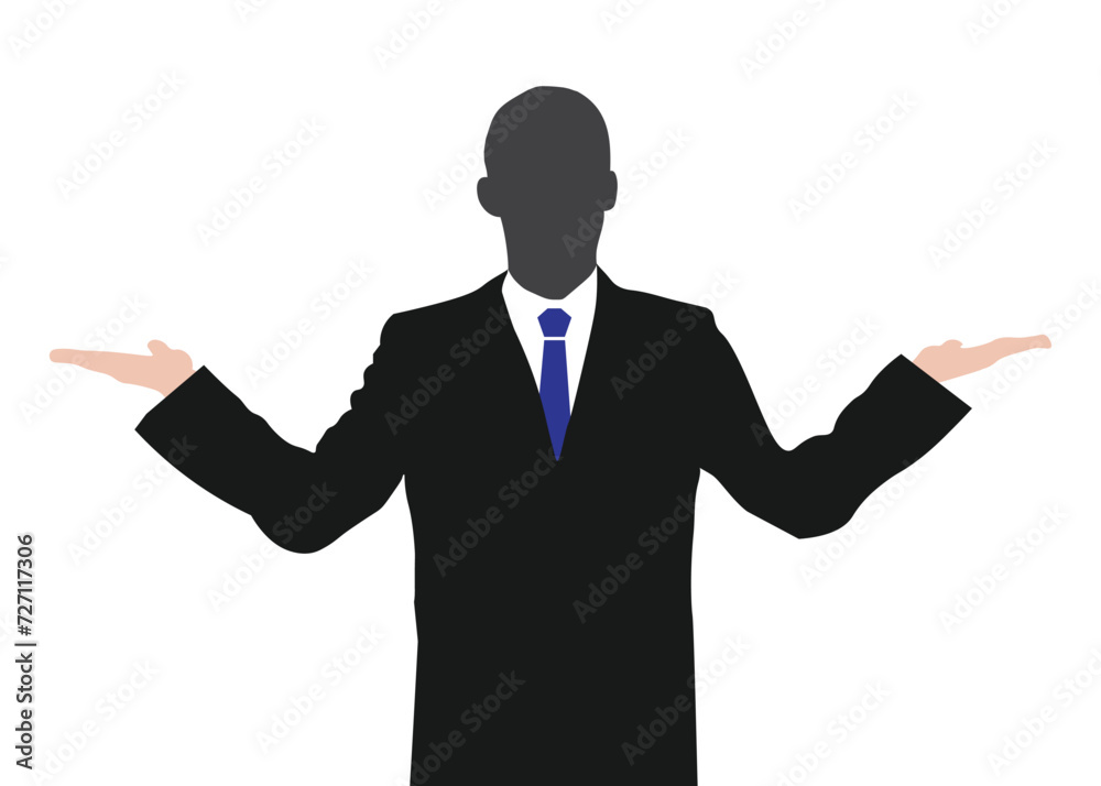 a business man in formal dress standing with opening hands, welcoming gesture, business presentation, vector illustration a business man in formal dress standing with opening hands, welcoming gesture, business presentation, vector illustration