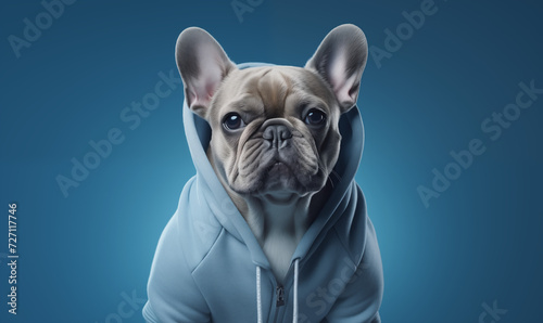 A French bulldog wearing a blue hoodie looks cute and adorable. Use for making posters, postcards, brochures or wallpapers.