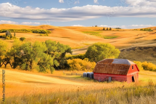 A tranquil autumn countryside scene with a traditional red barn, surrounded by golden fields and colorful fall trees.