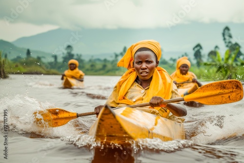 A young African woman in traditional clothing vigorously paddling a canoe on a river with a group, capturing the essence of culture and adventure. © apratim