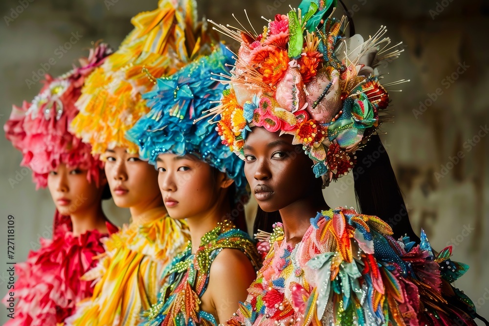 A line-up of models wearing intricate and colorful headgear and costumes, showcasing vibrant fashion and cultural diversity. A line-up of models wearing intricate and colorful headgear and costumes, showcasing vibrant fashion and cultural diversity.