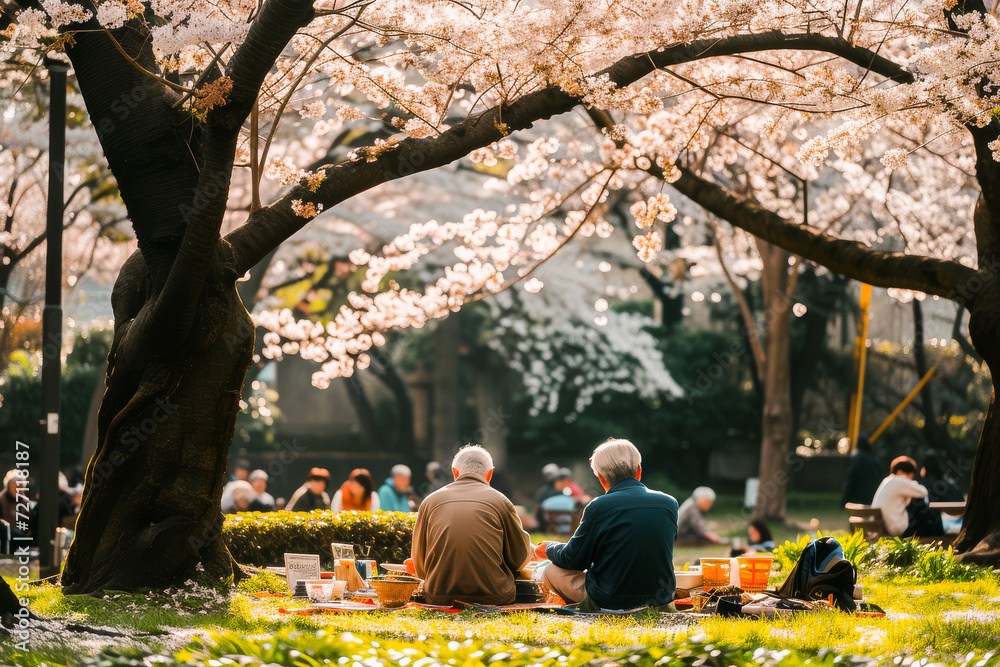 Elderly friends enjoy a tranquil spring picnic under blooming cherry blossoms in a serene Japanese park.