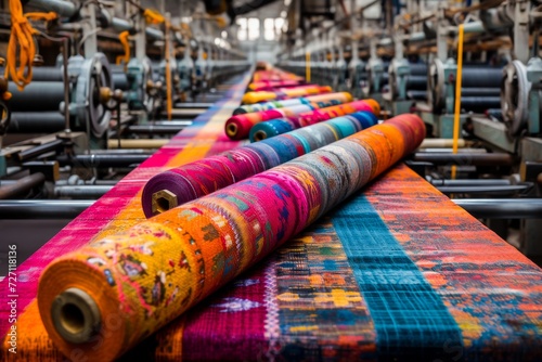 Industrial textile production line with colorful fabric rolls in a factory setting, showcasing the vibrant patterns of the fabric.