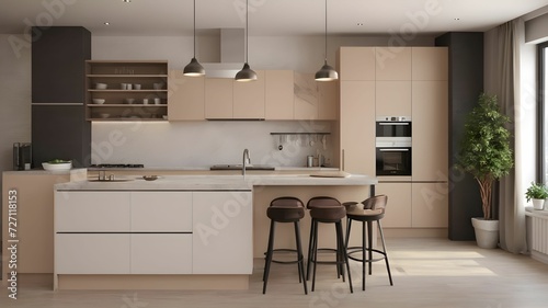 modern interior design. 3D rendering of the kitchen. Front view.