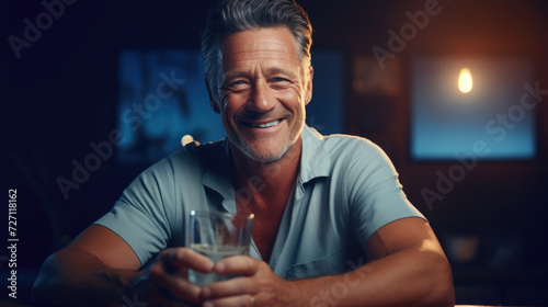adult man smiling, sitting with a glass glass of water, dark background