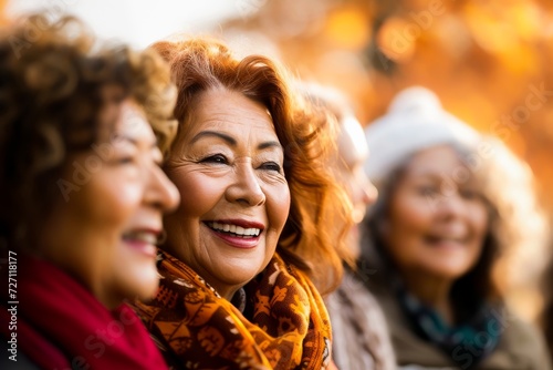A heartwarming image of smiling senior women enjoying a vibrant autumn day together in the park.