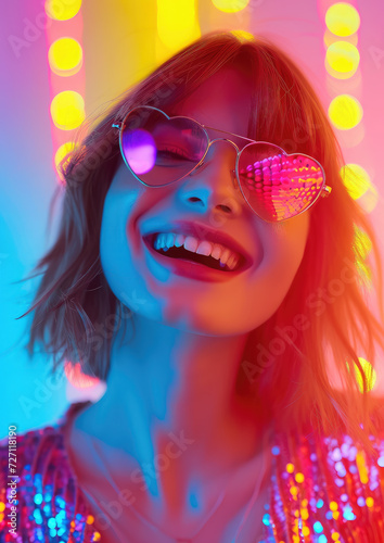 beautiful young smiling woman wearing heart shaped glasses on shiny background, party, valentine's day, romance, fashion, love, style, girl, portrait, face, holiday, dancing, club, disco © Julia Zarubina