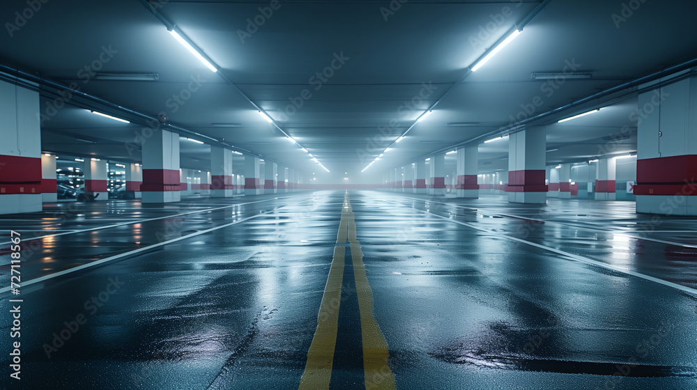Empty underground car park. dark background with neon light. For car advertising background 