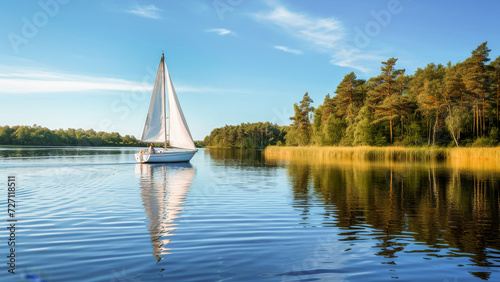 A serene sailboat on a calm lake with clear blue skies and lush forest on a bright sunny day.