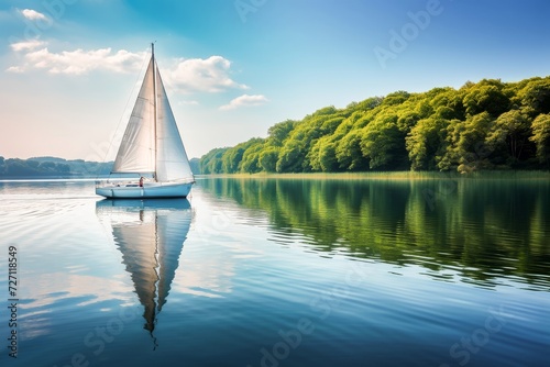 A serene sailboat gliding on a calm lake with clear reflections and lush greenery in the background.