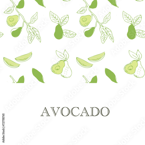 Avocado square banner in color. Whole avocado, sliced pieces, half, leaf and seed sketch. 