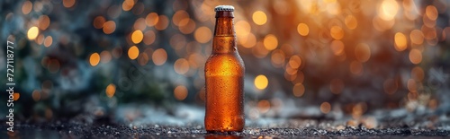 A chilled beer bottle on bokeh background. Header, web banner photo
