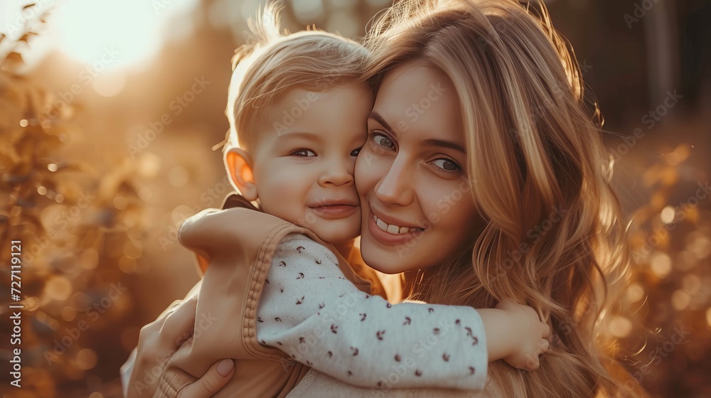 Obraz premium Affectionate mother embracing her son, joyful woman and little boy posed for camera