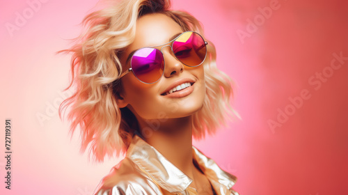 beautiful young smiling woman wearing heart shaped glasses on shiny background  party  valentine s day  romance  fashion  love  style  girl  portrait  face  holiday  dancing  club  disco