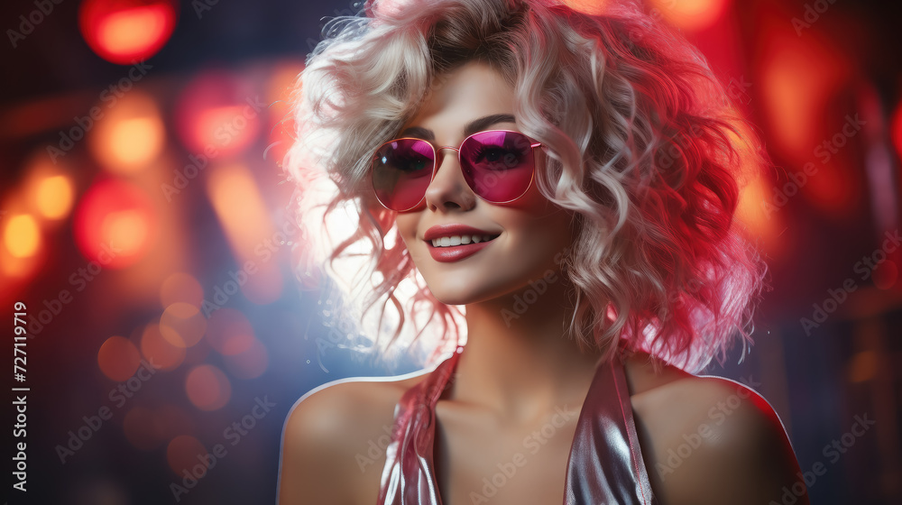 beautiful young smiling woman wearing heart shaped glasses on shiny background, party, valentine's day, romance, fashion, love, style, girl, portrait, face, holiday, dancing, club, disco