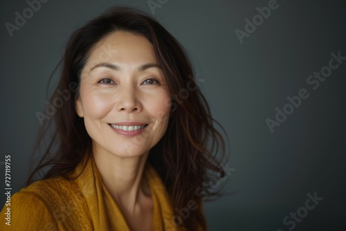 Middle aged happy mature asian woman, senior 50 year lady looking away, isolated on white closeup headshot.