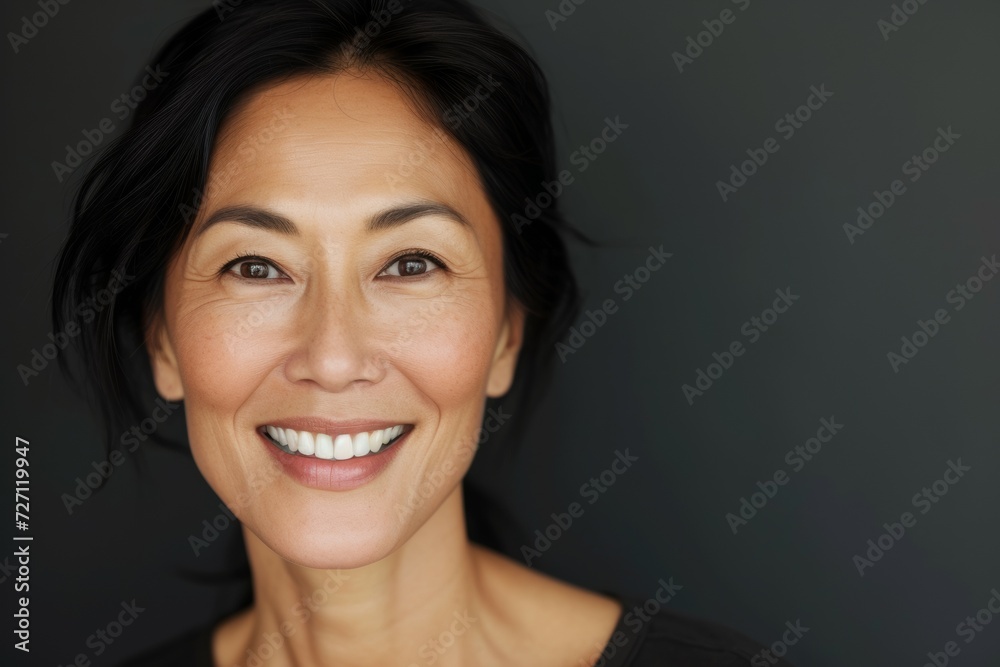 Fototapeta premium Middle aged happy mature asian woman, senior 50 year lady looking away, isolated on white closeup headshot.