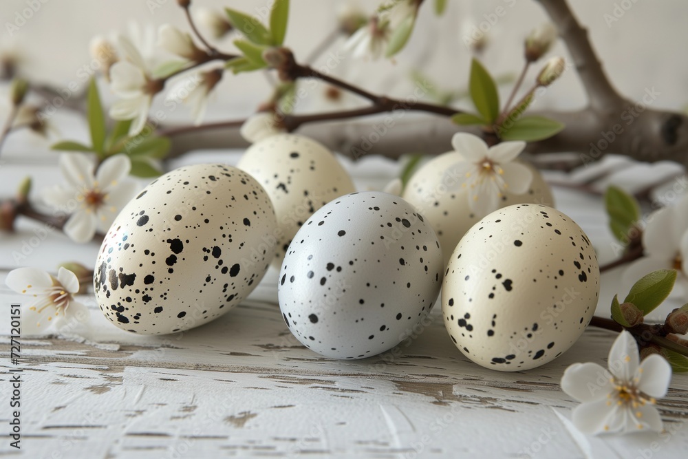 Easter Eggs with Almond Blossoms on Rustic Table