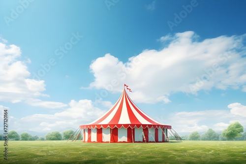 Circus tent on grass sunny day blue sky some clouds