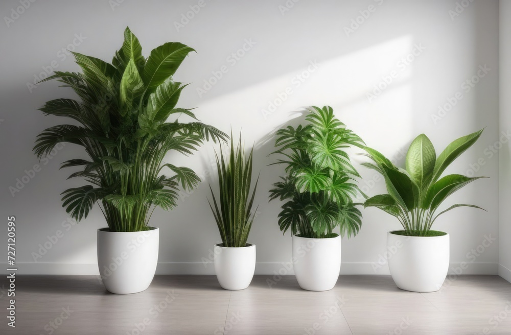 Four lush indoor plants in white pots are lined up against a grey wall with a soft shadow on it, placed on a wooden floor, exuding a clean, minimalist aesthetic