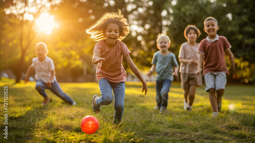 A joyful group of kids frolics in a sun-drenched park, gleefully chasing a bouncing ball. Their laughter fills the air with pure delight.