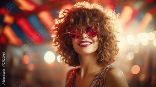 beautiful young smiling woman wearing heart shaped glasses on shiny background, party, valentine's day, romance, fashion, love, style, girl, portrait, face, holiday, dancing, club, disco © Julia Zarubina