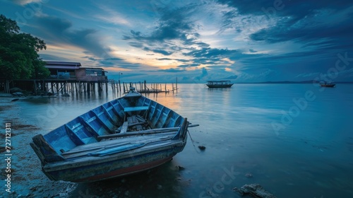 boat on the sea, fishing village, the beauty of twilight the view of the sky and sea.  © suphakphen