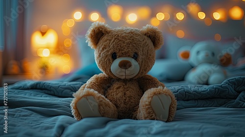 a teddy bear, vey cute and cuddly, on a bed, natural fabrics, a love heart, evening lighting © Suzy