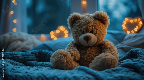 a teddy bear, vey cute and cuddly, on a bed, natural fabrics, a love heart, evening lighting