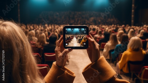 A woman takes a photo on her smartphone while watching a fashion show showing off the designer's new clothing collection.