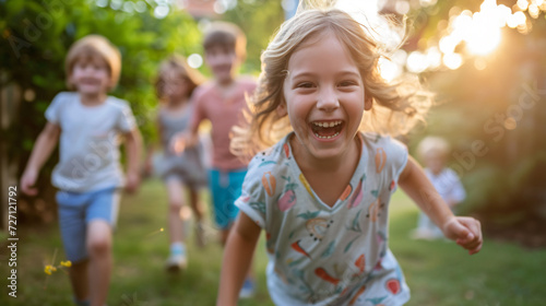 Packed with boundless energy and contagious joy, a group of vivacious kids engage in an exhilarating game of tag, sprinting through a sun-drenched backyard amidst endless laughter and youthf