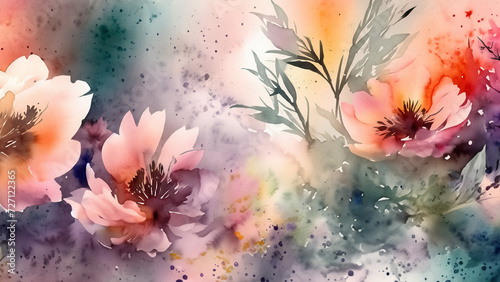 Delicate  colorful water-color wallpaper with beautiful spring flowers. Illustration 4K