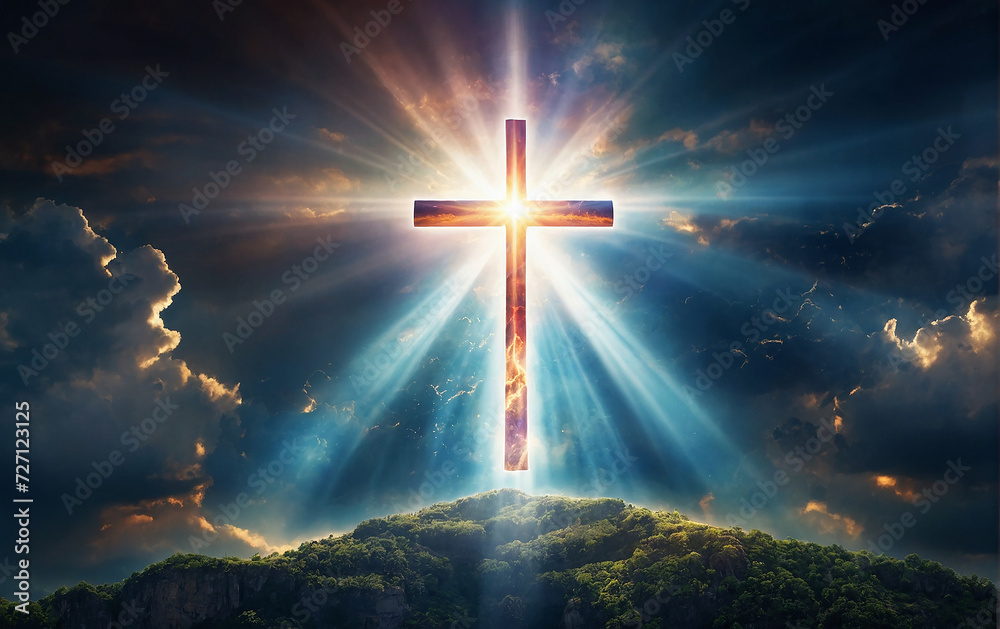 Fototapeta premium god light in heaven symbolizing divine presence, truth, spiritual illumination, God love and grace. Cross-shaped light beams blessing world with heavenly light