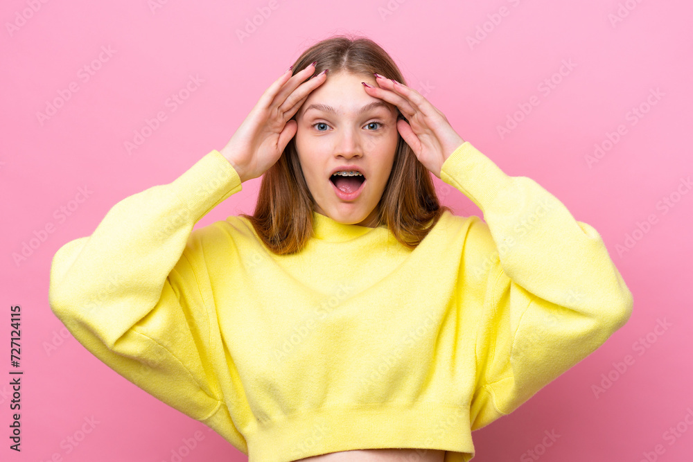 Teenager Russian girl isolated on pink background with surprise expression Teenager Russian girl isolated on pink background with surprise expression