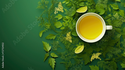 A peaceful blend of art and wellness, this illustration showcases fresh herbal leaves ideal for a calming tea drink on an eco-friendly green background.