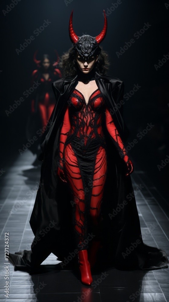 A fashion show with a female model in a devil outfit walking down the runway.