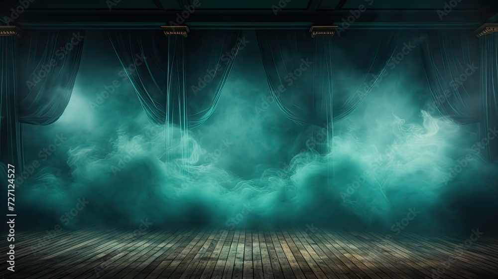 green foam on a theatre stage. dark curtains. Generative AI